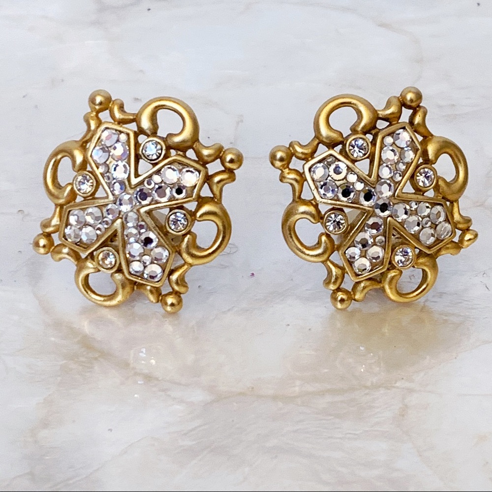 VTG Matte Gold Large Rhinestone Statement Earrings